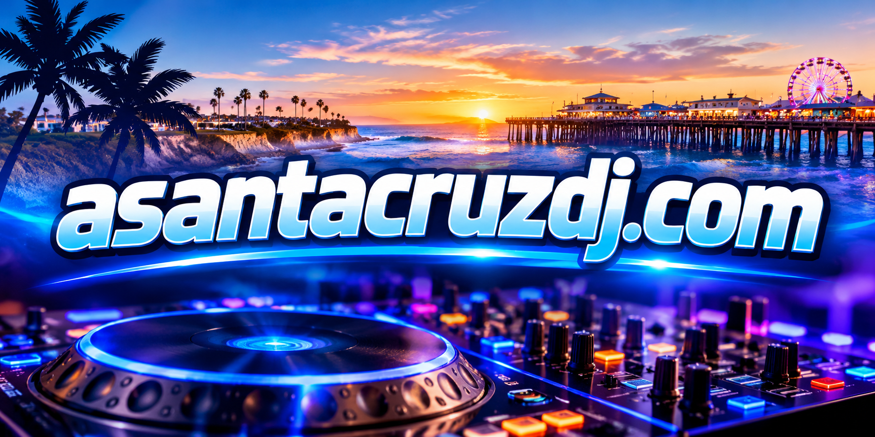asantacruzdj.com - Santa Cruz pier at sunset with DJ equipment